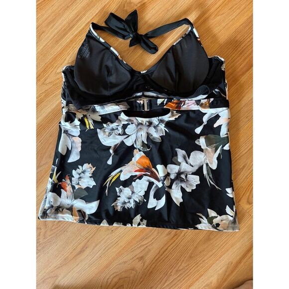 ATHLETA Halter Swim Top Black Floral Size 40 B/C Athletic Tankini Top - Picture 5 of 6